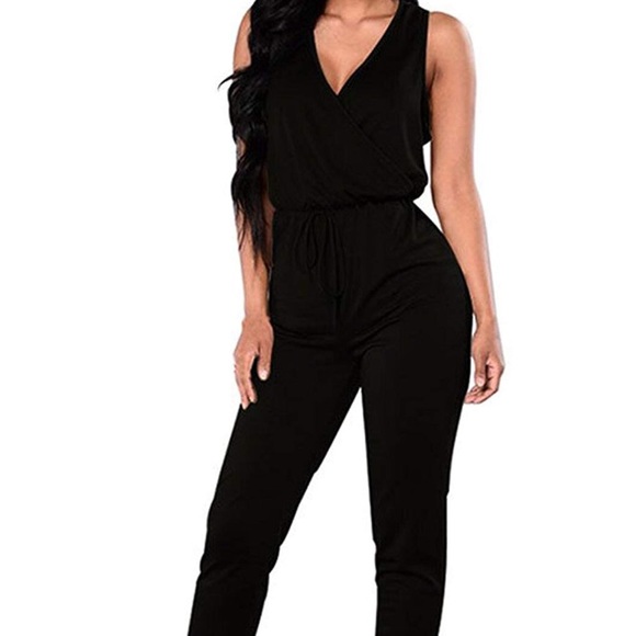 Pants - Black V neck jumpsuit with drawstring